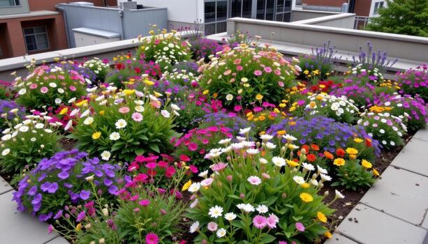 a rectangular rooftop garden filled with blooming bee balm and yarrow, designed in a grid pattern, with no movement around it. photo