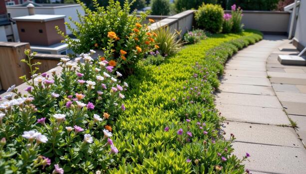 a rooftop path bordered by flowering thyme and rosemary, forming a soft living carpet. photo