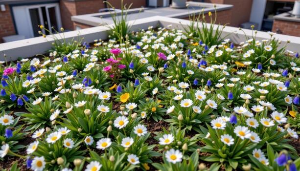 un caprichoso techo jardín dónde margaritas y campanillas formar suave, juguetón patrones, creciente libremente en el ausencia de vida. foto