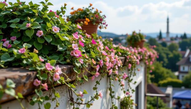 a rooftop ledge surrounded by trailing flowering vines, curling along the structure's edges in silent stillness. photo