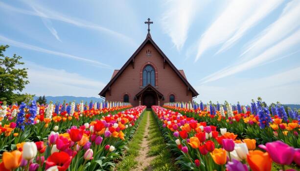 a chapel roof outlined in neat rows of tulips and delphiniums reaching toward the sky. photo