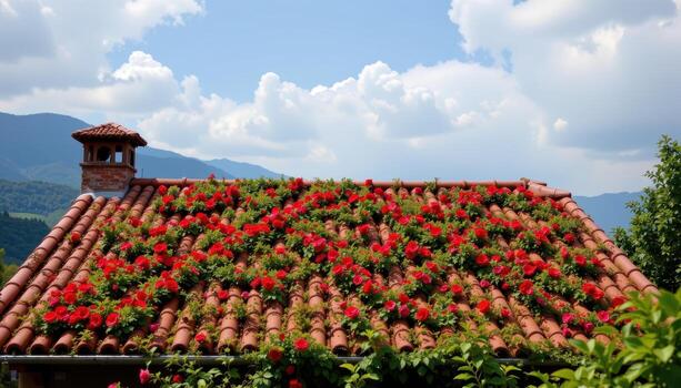 a clay tile roof painted with a living mosaic of red roses, climbing up in geometric patterns. photo