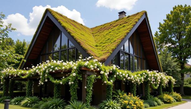 a modern angular roof softened by flowering moss and gentle floral creepers winding around the structure. photo