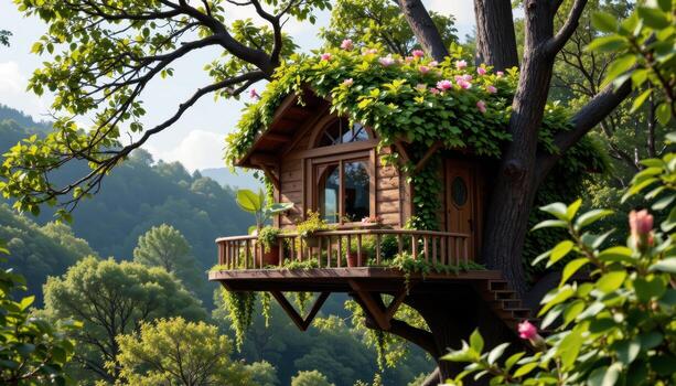 a treehouse nestled in the forest canopy with a leafy, flower covered roof blending into its surroundings. photo