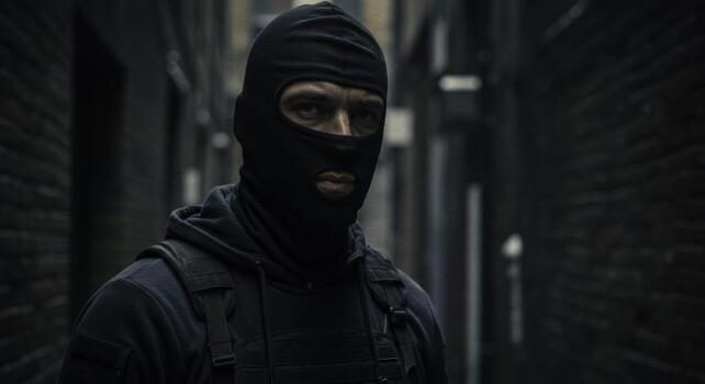 A man in a balaclava stands in an alley, looking directly at the camera photo