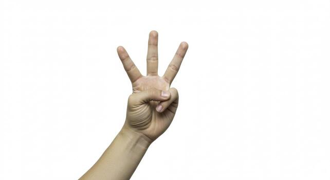 Hand displaying the number three with fingers extended on a white background photo