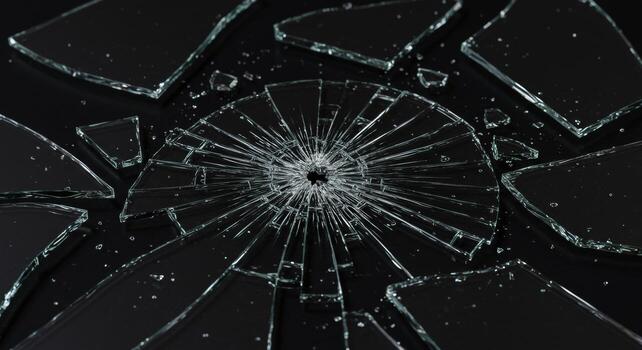 Broken glass with shards and cracks on black surface for concept art design photo