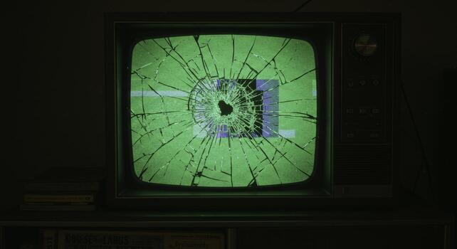 Broken Television Screen with Static and Cracked Glass in Dark Environment photo