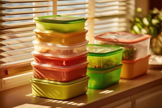 Stack of plastic containers on a windowsill photo