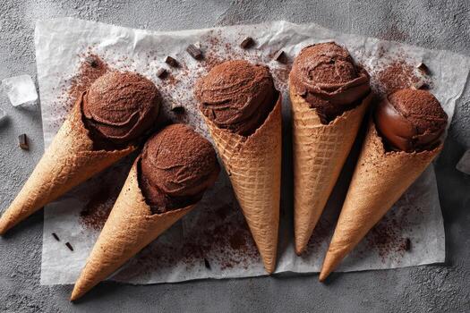Chocolate Ice Cream Cones Parchment with Cocoa Dust photo