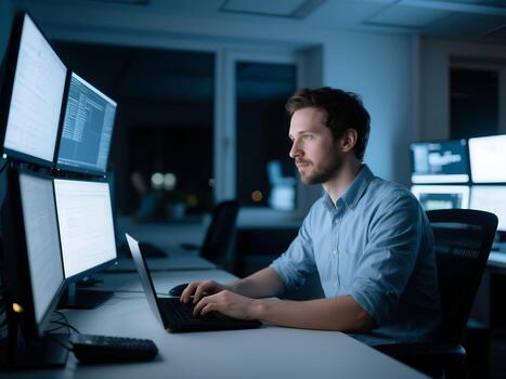 Dedicated Developer Working Late with Multiple Monitors photo