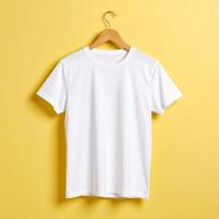 blanco t camisa Bosquejo colgando en de madera percha con llanura tela para marca y impresión diseño foto