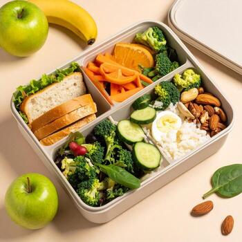 Minimal Open Meal Prep Box Mockup on Beige Background Empty Container Concept Flatlay Style photo