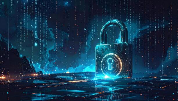Digital lock illuminated within an abstract data landscape, representing cybersecurity concepts photo