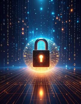 Futuristic digital lock illuminated within a symbolic data-rich setting, representing cybersecurity concepts photo