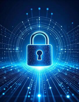 Futuristic digital lock illuminated within a symbolic data world, representing cybersecurity concepts photo