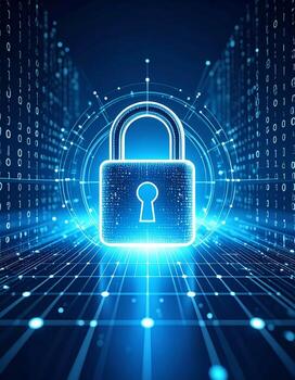 Futuristic digital lock illuminated within a symbolic data stream, representing cybersecurity themes photo