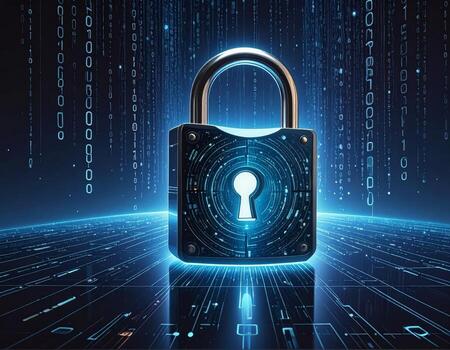 un luminoso digital seguridad bloquear conjunto en contra un simbólico lleno de datos fondo, representando la seguridad cibernética temas foto