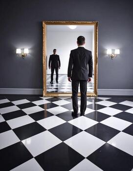 A suited man gazes into a mirror reflecting an unsettling image on a checkered floor, creating a surreal horror scene. photo