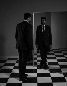 A suited man gazes into a mirror displaying an eerie reflection on a checkered floor, creating a surreal horror scene. photo