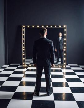 A suited man gazes into a mirror with an unusual reflection in a surreal horror setting on a checkered floor. photo