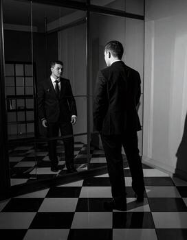 A suited man gazes into a mirror reflecting a bizarre image in a surreal, unsettling setting. photo