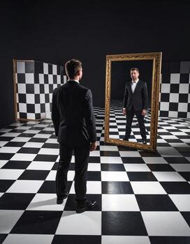 A suited man gazes into a mirror with a bizarre reflection on a checkered floor, creating a surreal horror scene. photo