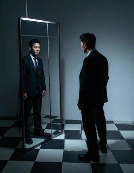 A suited man gazes into a mirror displaying a bizarre reflection in a surreal horror setting. photo