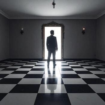 A man dressed in formal attire gazes into a mirror with an eerie reflection on a checkered floor, creating a surreal horror atmosphere. photo