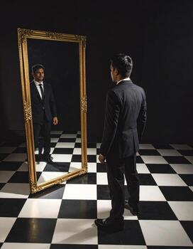 A suited man gazes into a mirror reflecting a bizarre image in a surreal horror setting while standing on a checkered floor. photo