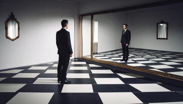 A suited man gazes into a mirror with an unsettling reflection on a checkerboard floor, creating a surreal horror atmosphere. photo