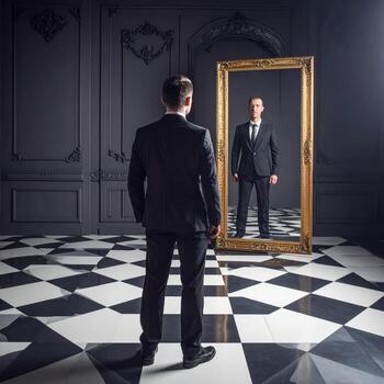 A suited man gazes into a mirror with an unsettling reflection on a checkered floor, creating a surreal horror scene. photo