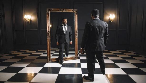 A suited man gazes into a mirror displaying a bizarre reflection on a checkered floor, creating a surreal horror scene. photo