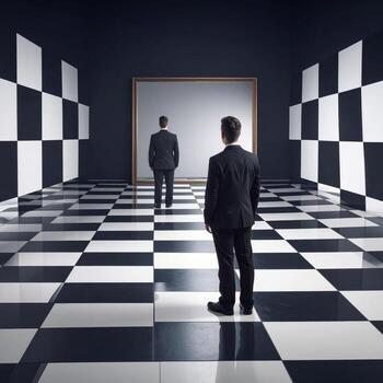 A man dressed in a suit gazes into a mirror with an eerie reflection on a patterned floor, creating a surreal horror atmosphere photo