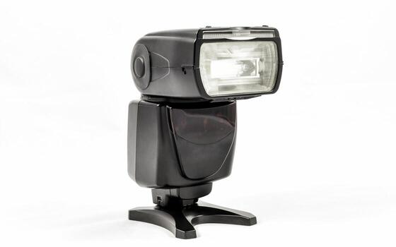 Unbranded external flash unit for DSLR camera on a white background photo