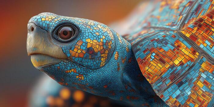 artístico digital ilustración de un de tortuga cabeza y cáscara utilizando geométrico mosaico patrones y agudo angular líneas. foto
