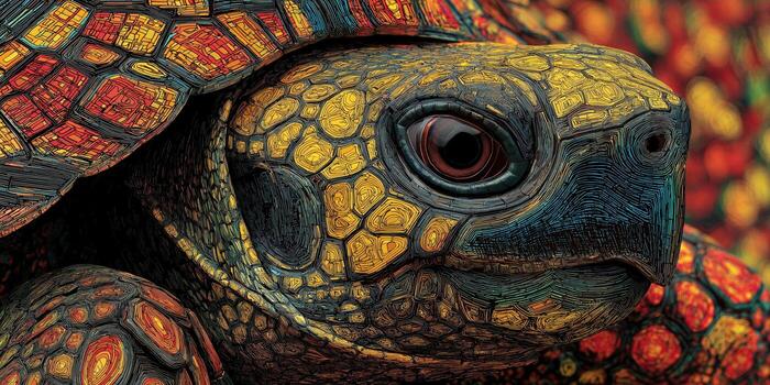 Stunning reptilian artwork with stained glass textures forming a lifelike yet abstract turtle portrait photo