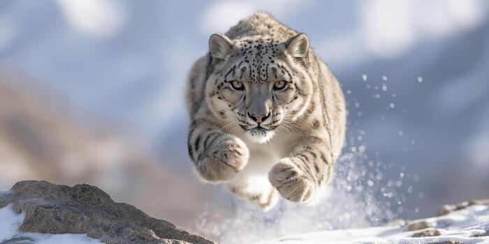 Snow leopard leaping through snow photo