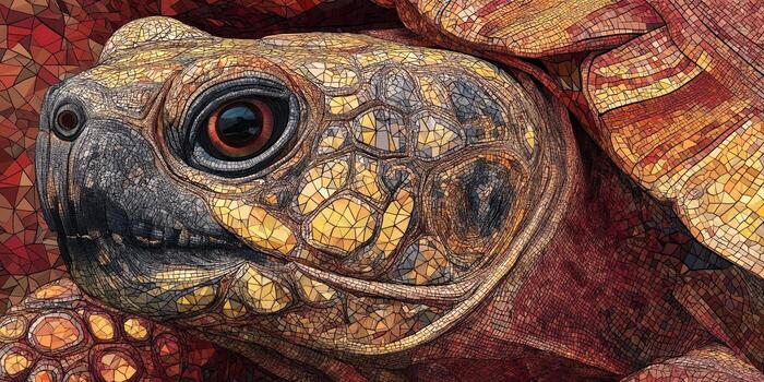 tortoise shell close-up with vibrant mosaic overlay. photo