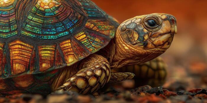 Digital mosaic artwork featuring a reptile with realistic eyes and stylized segmented patterns throughout the shell photo