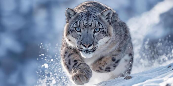 Snow leopard running in snow photo