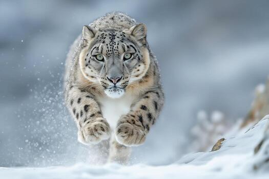 Snow leopard running in the snow photo