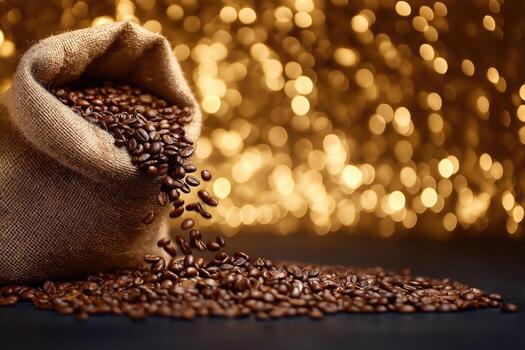 asado café frijoles en arpillera saco con dorado bokeh foto