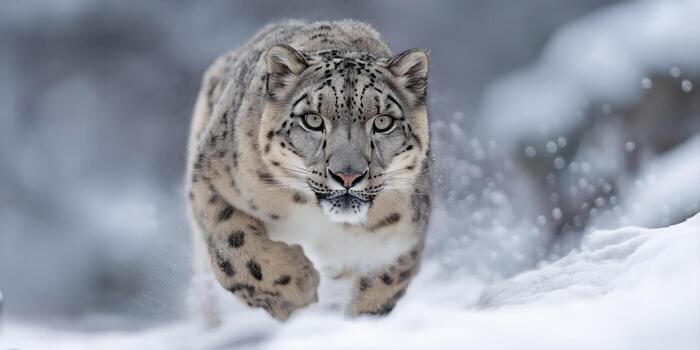 Snow leopard running in the snow photo