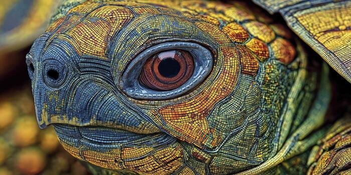 artístico digital ilustración de un de tortuga cabeza y cáscara utilizando geométrico mosaico patrones y agudo angular líneas foto