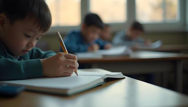 Focused Child Studying Classroom Learning and Education photo