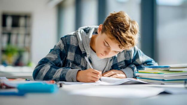 A student sits at a desk at the university and writes in a notebook, concentrating on solving problems photo