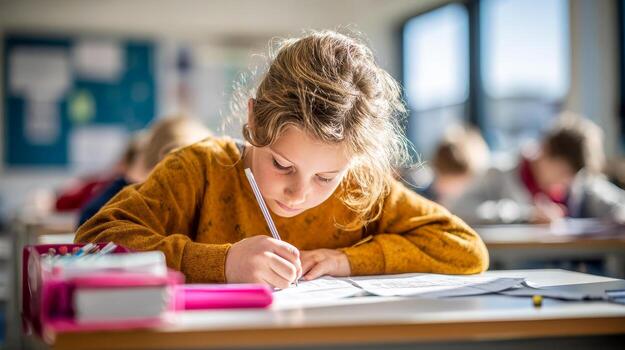 A schoolboy is sitting at a desk and solving a problem in a notebook, there are notebooks and books on the table, and students are in the background photo