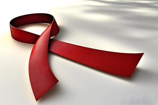 A vibrant red textured ribbon forms a graceful loop resting on a bright white surface with soft shadows. photo