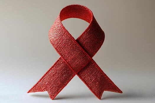 A vibrant red fabric ribbon, textured and woven, stands freely on a soft white background, forming a distinctive loop and tail design. photo